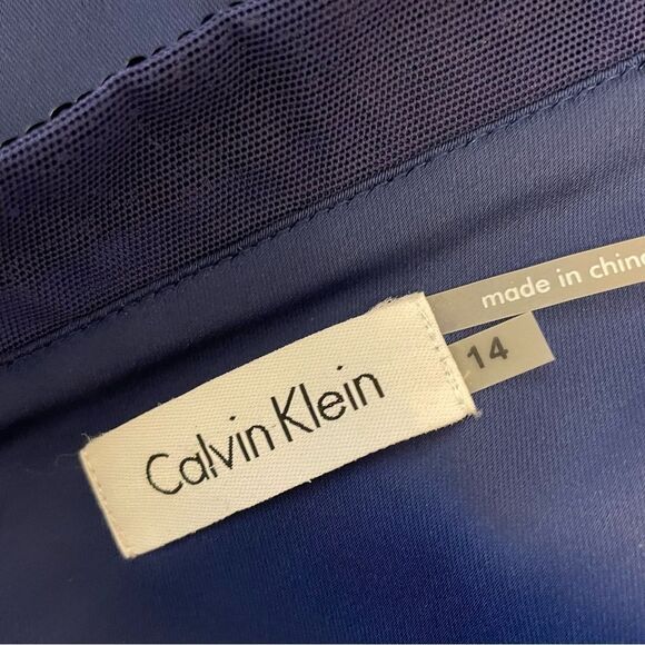 Calvin Klein Sheath Dress Royal Blue Satin Sequin V Neck Trim Sleeveless Size 14 - Picture 7 of 8